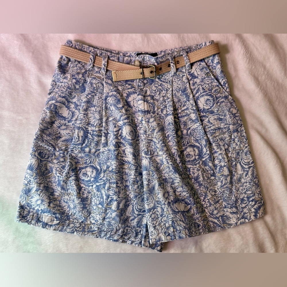 Willow Blue and White Floral High-Waist Shorts with Belt